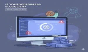 Slow WordPress website illustration showing performance issues and speed optimization solutions by GreenyWebs.